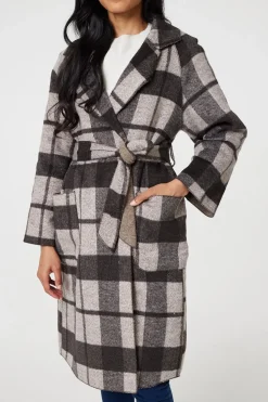 Checked Longline Coat with Belt