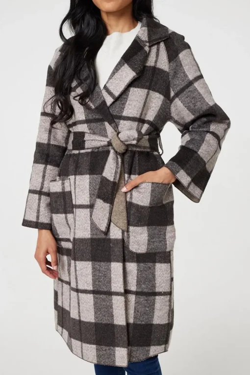 Checked Longline Coat with Belt