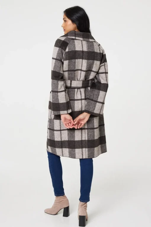 Checked Longline Coat with Belt