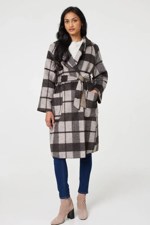 Checked Longline Coat with Belt