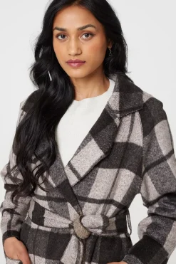 Checked Longline Coat with Belt