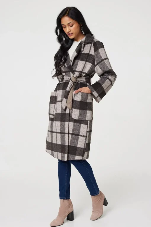 Checked Longline Coat with Belt