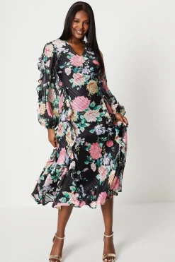 Chiffon Blouson Midi Dress With Ruffles
