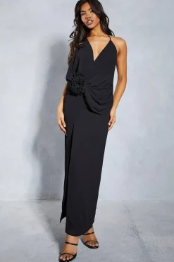 Chiffon Plunge Floral Applique Split Leg Maxi Dress