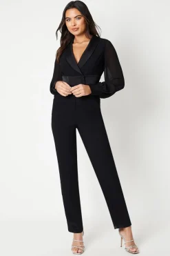 Chiffon Sleeve Wrap Front Tuxedo Jumpsuit
