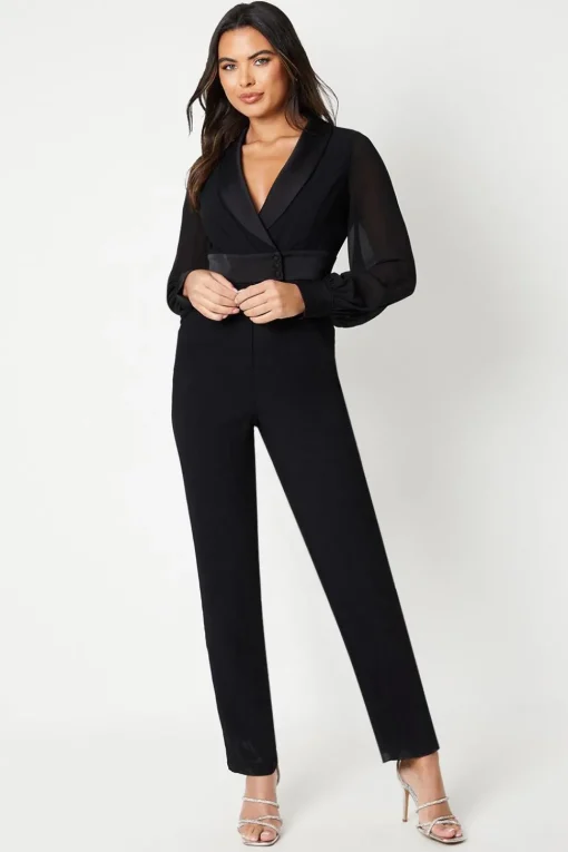 Chiffon Sleeve Wrap Front Tuxedo Jumpsuit