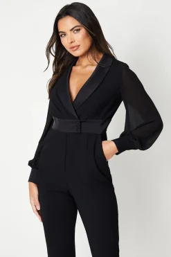 Chiffon Sleeve Wrap Front Tuxedo Jumpsuit