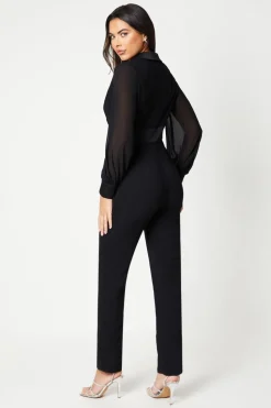 Chiffon Sleeve Wrap Front Tuxedo Jumpsuit