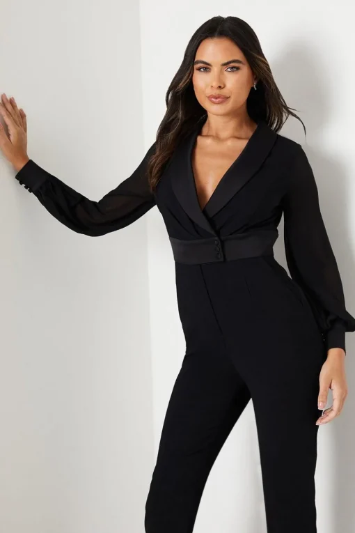 Chiffon Sleeve Wrap Front Tuxedo Jumpsuit