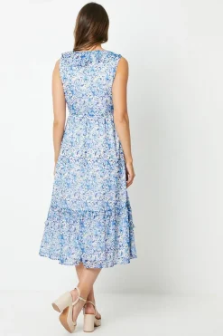 Chiffon Sleeveless Ruffle Waisted Midi Dress