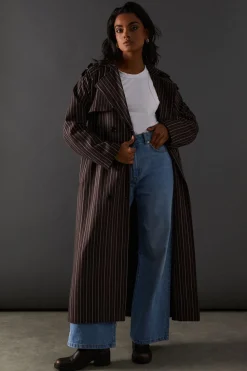 Chocolate Pinstripe Belted Trench Coat