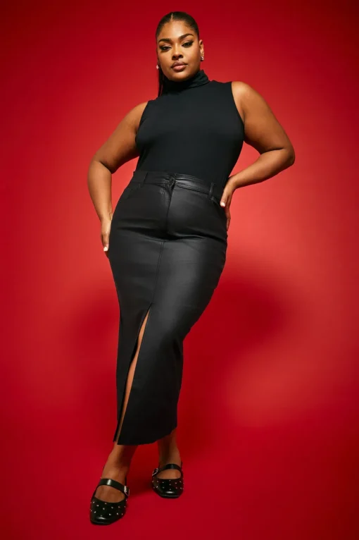 Coated Split Hem Midaxi Skirt