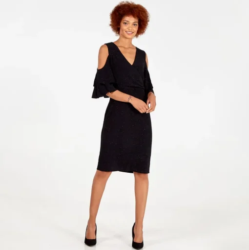 Cold Shoulder Ruffle Sparkle Midi Dress