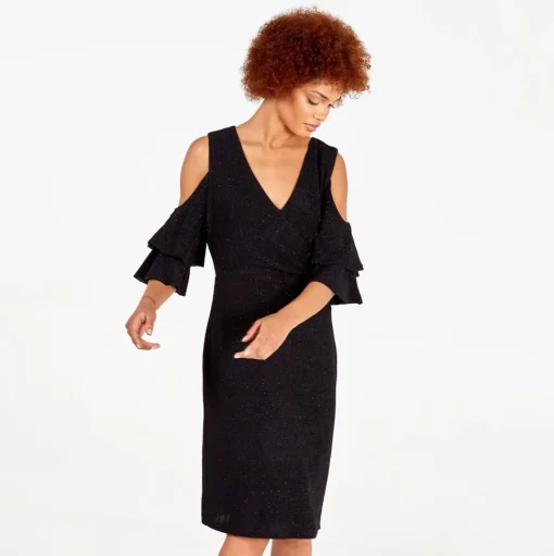 Cold Shoulder Ruffle Sparkle Midi Dress