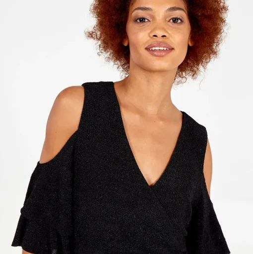 Cold Shoulder Ruffle Sparkle Midi Dress