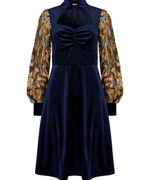 Contrast Embroidered Sleeve Velour Dress