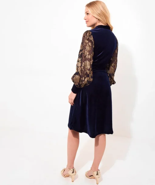 Contrast Embroidered Sleeve Velour Dress