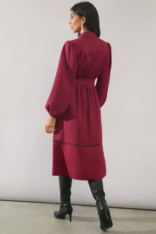 Contrast Piping Tie Waist Shirt Dress