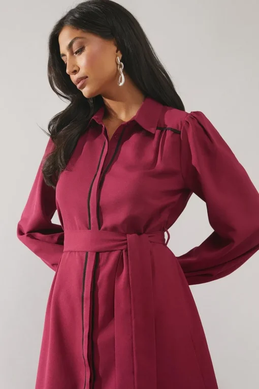 Contrast Piping Tie Waist Shirt Dress