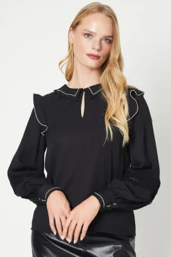 Contrast Stitch Detail Lace Insert Collared Blouse