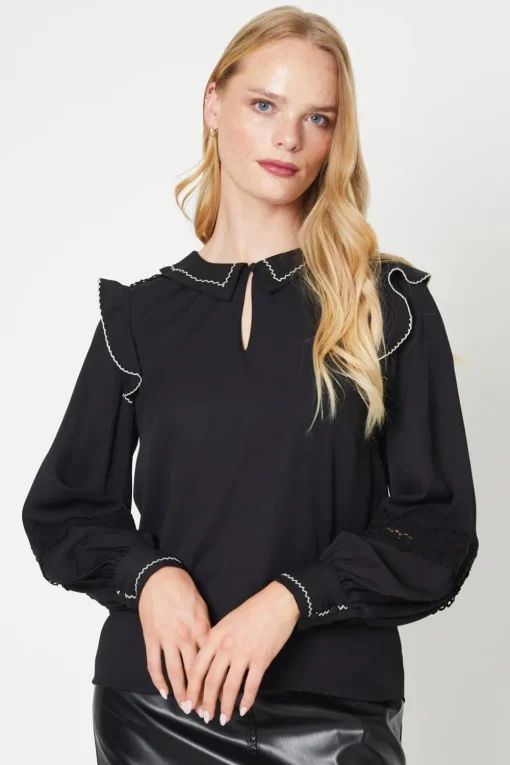 Contrast Stitch Detail Lace Insert Collared Blouse