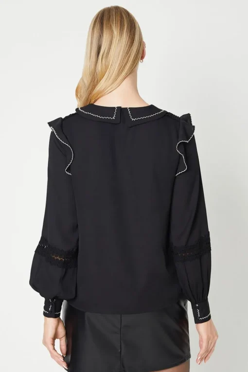 Contrast Stitch Detail Lace Insert Collared Blouse