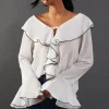 Contrast Stitch Ruffle Flared Sleeve Blouse