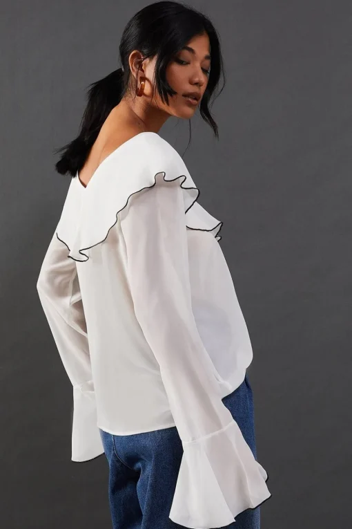 Contrast Stitch Ruffle Flared Sleeve Blouse