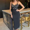 Contrast Strappy Lace Top Bodycon Midi Dress