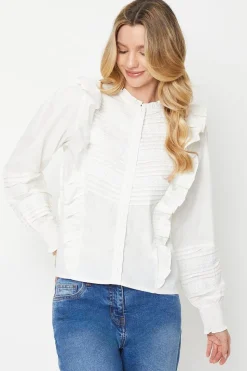 Cotton Poplin Pintuck Lace Trim Button Through Top