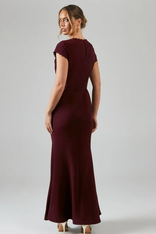 Cowl Front Lace Trim Maxi Bridesmaid Dress