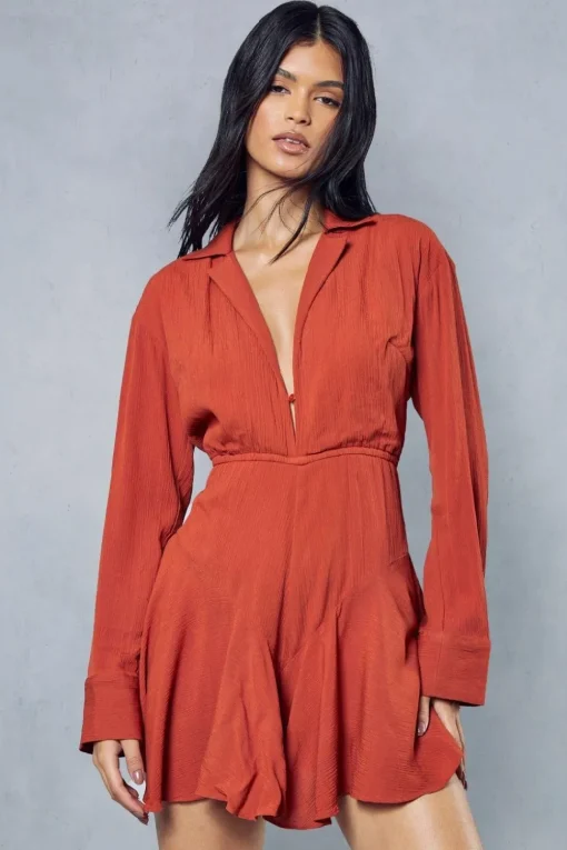 Crinkle Flippy Short Shirt Style Playsuit
