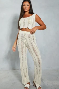 Crochet Knit Straight Leg Scalloped Hem Trouser