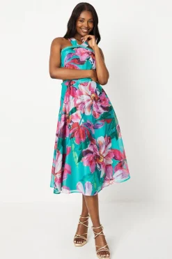Cross Neck Border Print Organza Midi Dress
