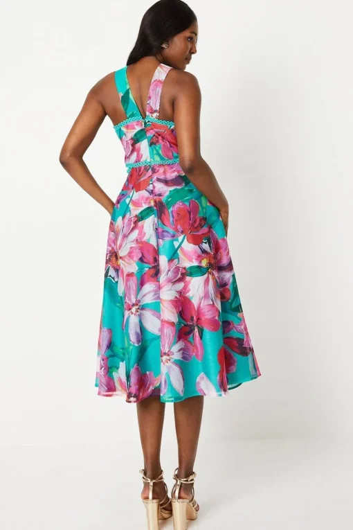 Cross Neck Border Print Organza Midi Dress