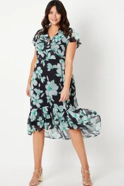Curve Black Floral Wrap Midi Dress