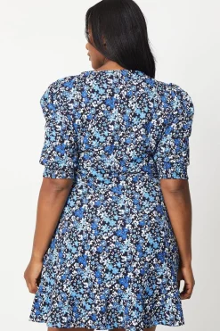 Curve Blue Ditsy Wrap Mini Dress