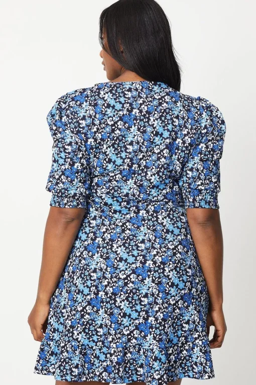 Curve Blue Ditsy Wrap Mini Dress