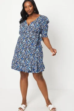 Curve Blue Ditsy Wrap Mini Dress