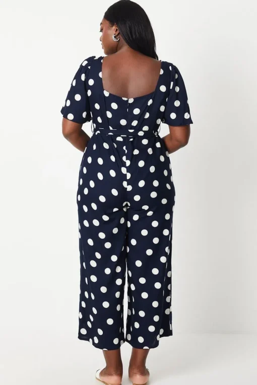 Curve Blue Spot Tie Waist Jumpsuit