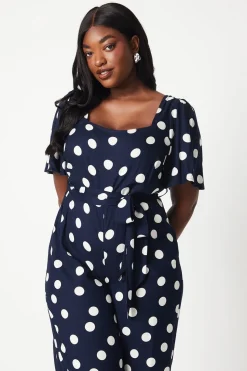 Curve Blue Spot Tie Waist Jumpsuit