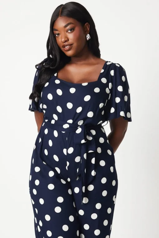 Curve Blue Spot Tie Waist Jumpsuit