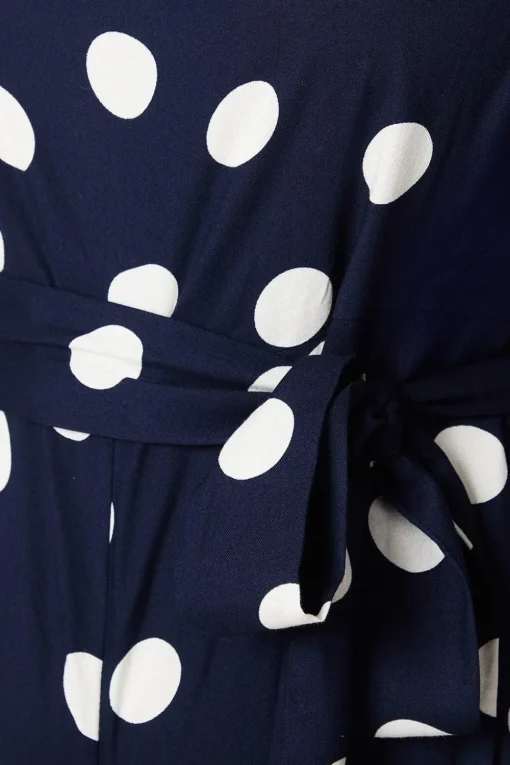 Curve Blue Spot Tie Waist Jumpsuit