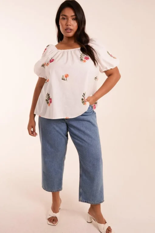Curve Milkmaid Flower Embroidered Top