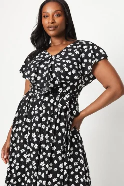 Curve Mono Ditsy Ruffle Midi Dress