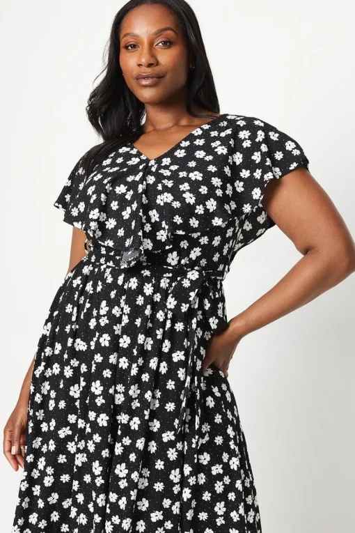 Curve Mono Ditsy Ruffle Midi Dress