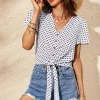 Cute Tie Knot Front Buttoned Crop T Shirt Top In White & Black Polka Dot Print