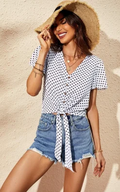 Cute Tie Knot Front Buttoned Crop T Shirt Top In White & Black Polka Dot Print