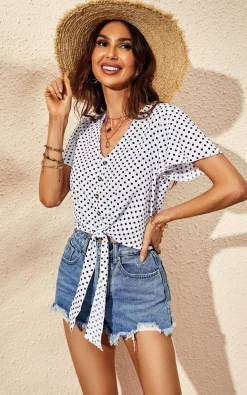 Cute Tie Knot Front Buttoned Crop T Shirt Top In White & Black Polka Dot Print