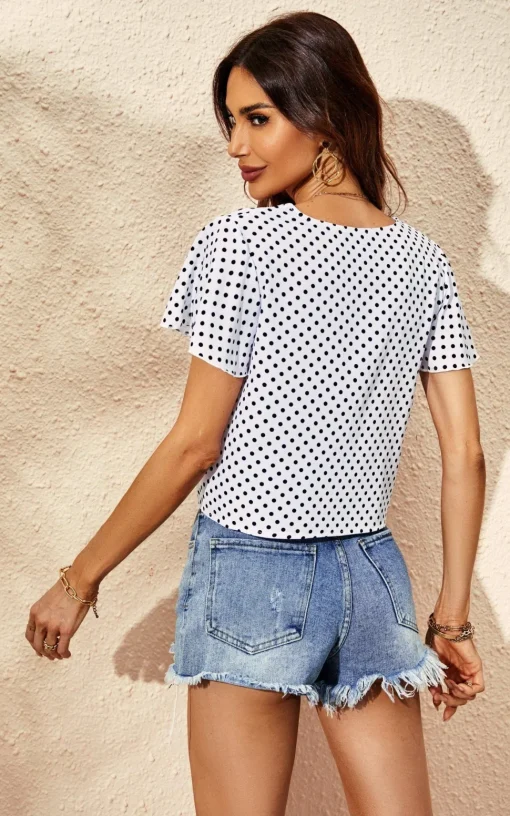 Cute Tie Knot Front Buttoned Crop T Shirt Top In White & Black Polka Dot Print